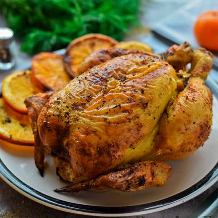 888 Курица запеченная в духовке фаршированная Апельсинами и киви